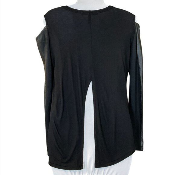 BCBG Max Azaria Judon Faux-Leather Cut Out Sleeve Black Top Back Slit XXS NWOT - Picture 2 of 8